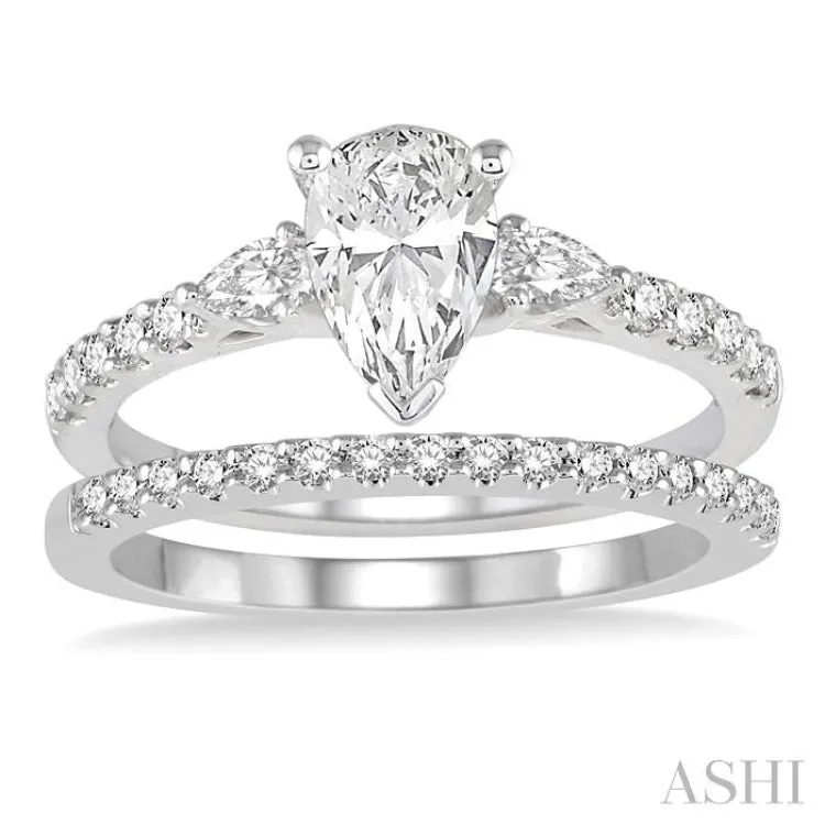 1 ctw Round & Pear Cut Diamond Wedding Set With 7/8 ctw Engagement Ring and 1/8 ctw Wedding Band in 14K White Gold