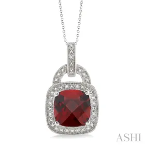 10x10 MM Cushion Shape Garnet and 1/20 Ctw Single Cut Diamond Pendant in Sterling Silver with Chain