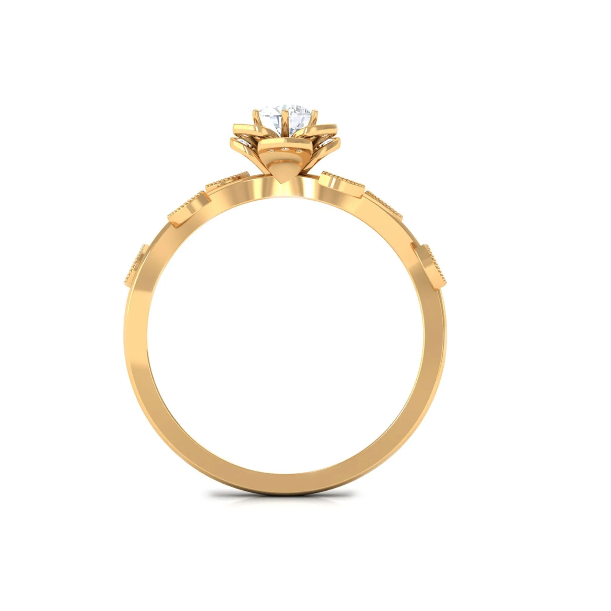 1/4 CT Floral Diamond Solitaire and Gold Leaf Motif Ring