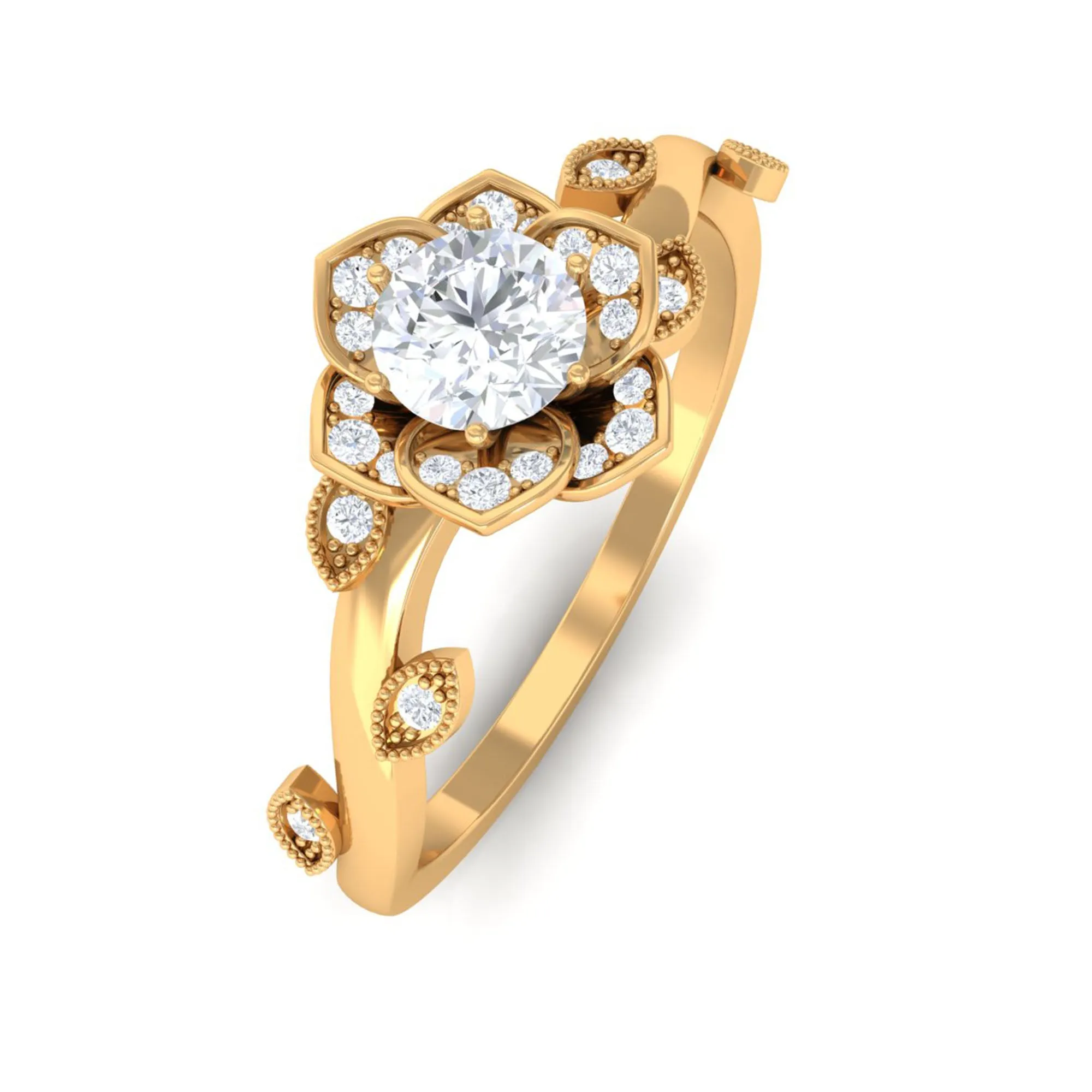 1/4 CT Floral Diamond Solitaire and Gold Leaf Motif Ring