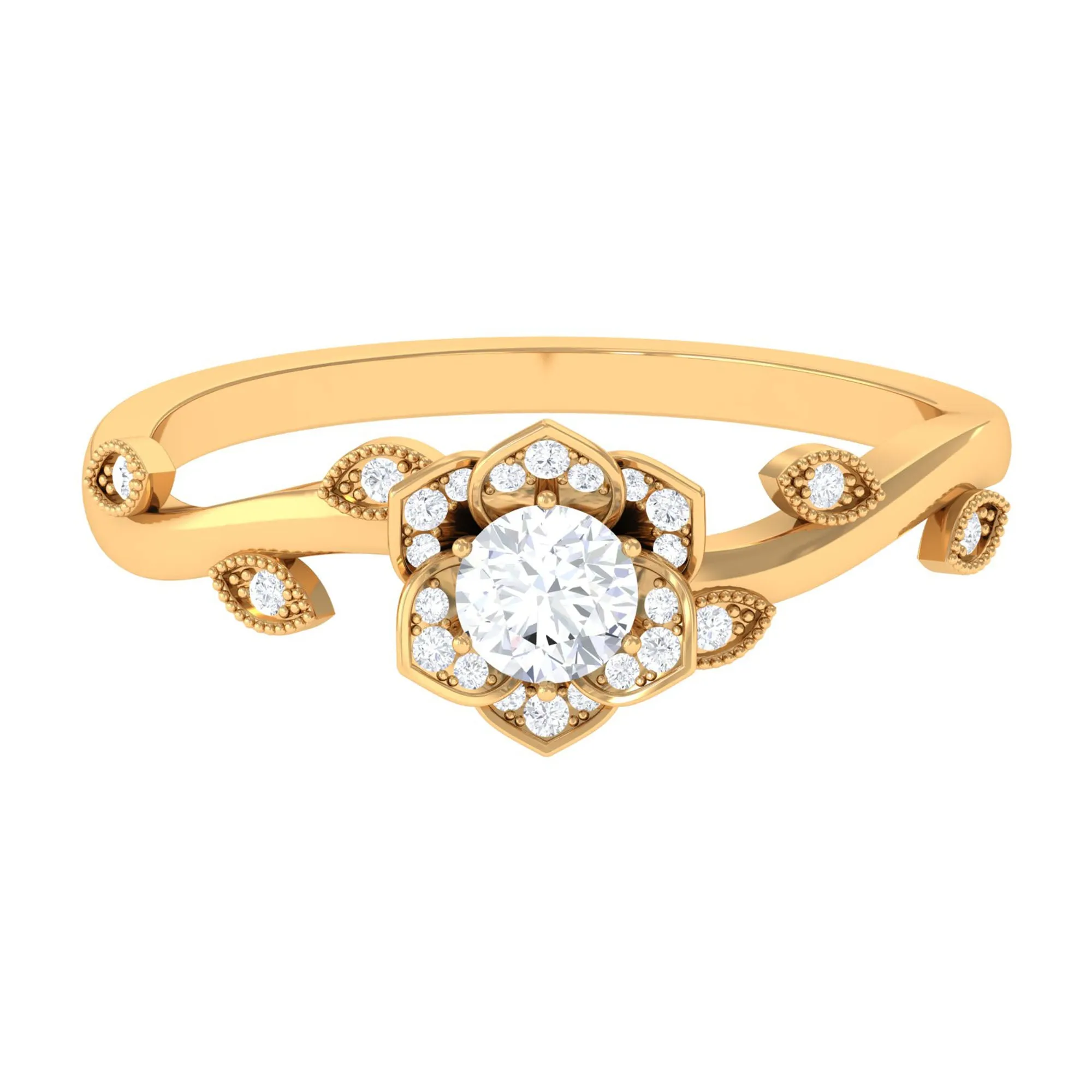 1/4 CT Floral Diamond Solitaire and Gold Leaf Motif Ring