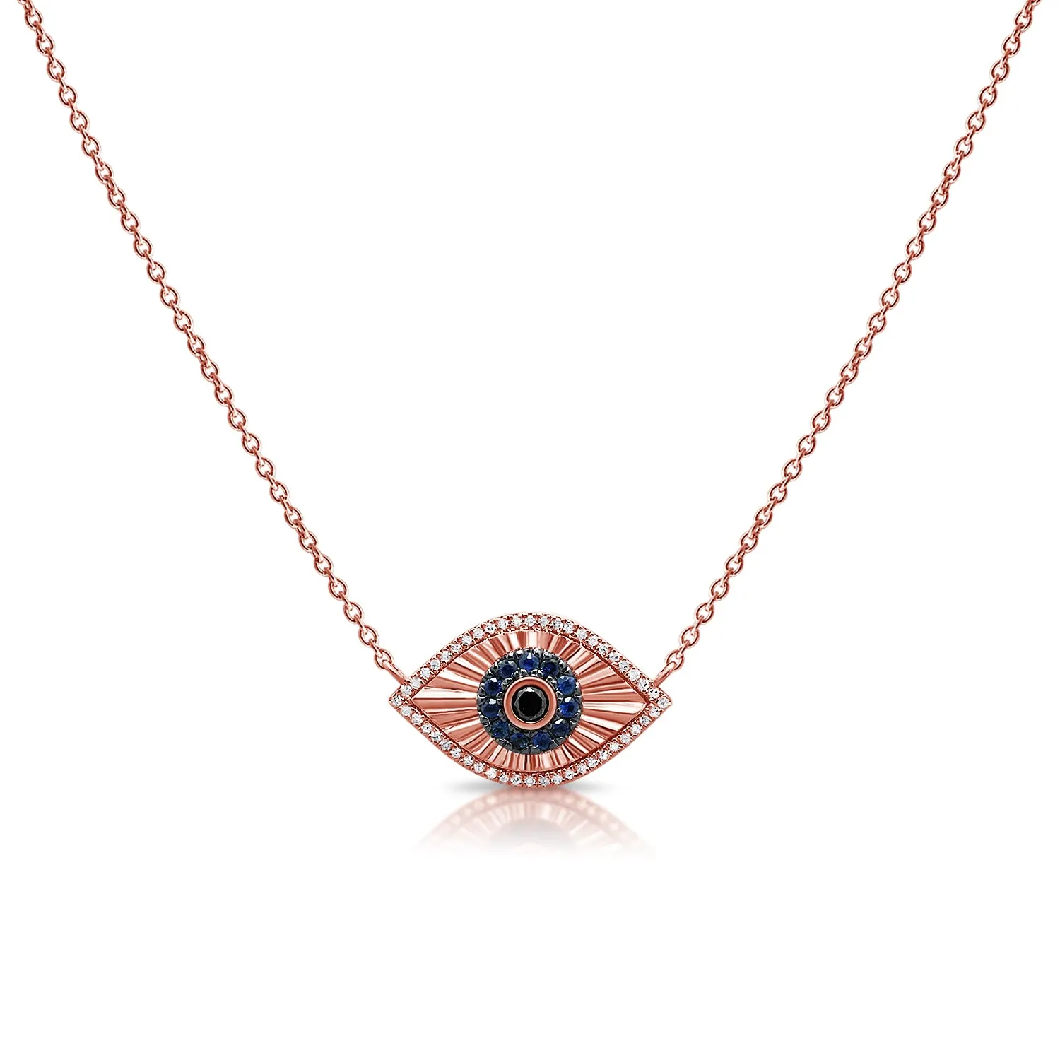 14K Gold Diamond & Sapphire Fluted Evil Eye Necklace - 0.13ct