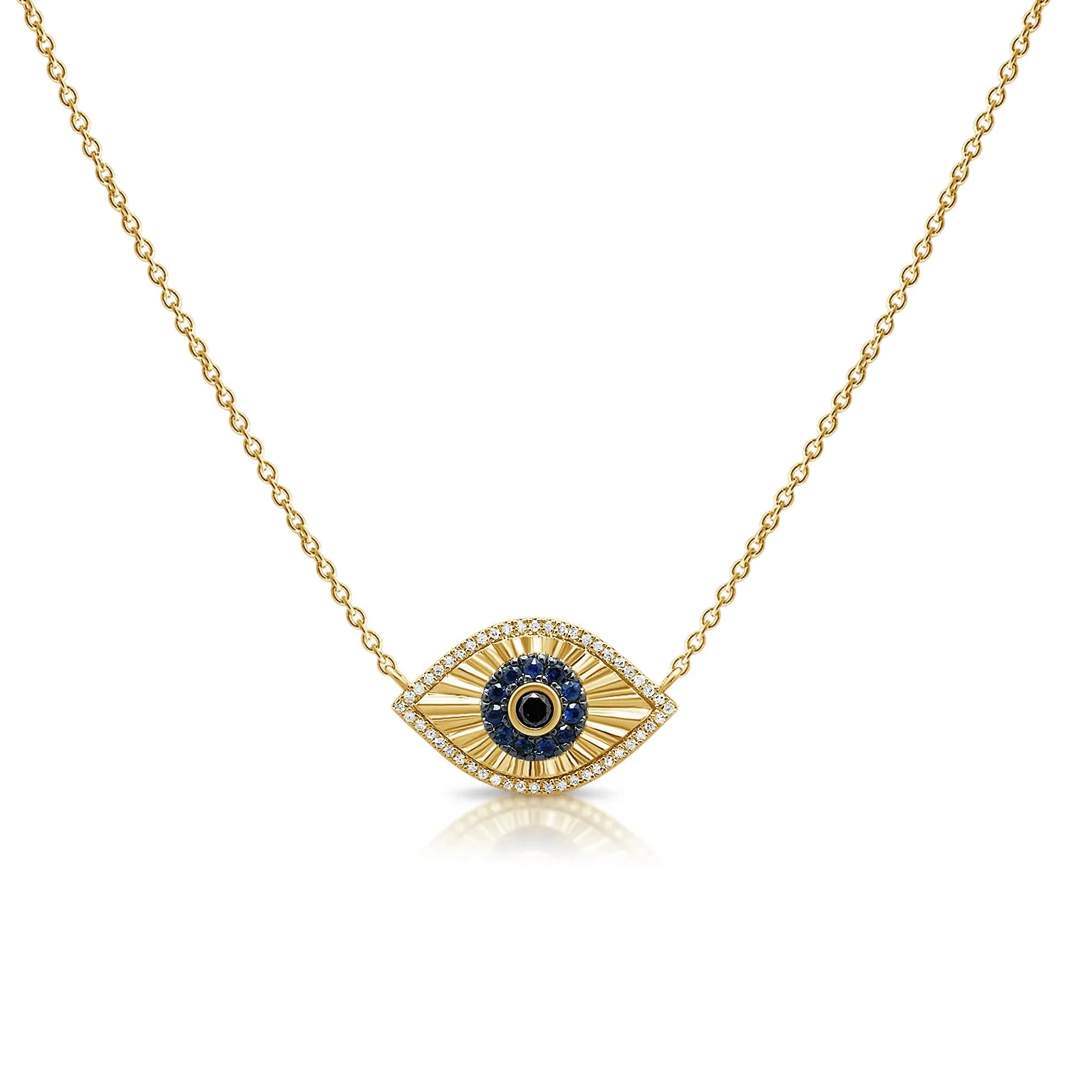 14K Gold Diamond & Sapphire Fluted Evil Eye Necklace - 0.13ct