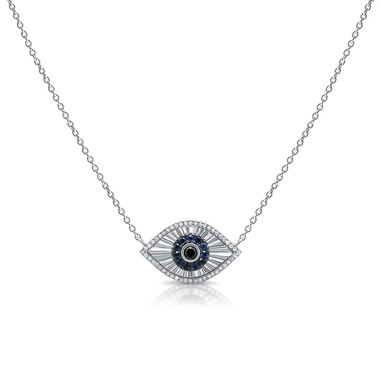 14K Gold Diamond & Sapphire Fluted Evil Eye Necklace - 0.13ct