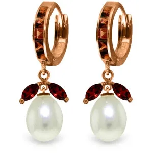 14K Solid Rose Gold Hoop Garnet & Pearl Earrings Genuine