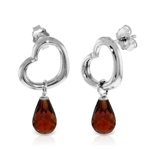 14K Solid White Gold Heart Earrings w/ Dangling Natural Garnets