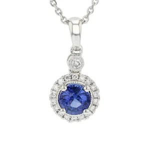 14K White Gold Sapphire with Diamonds Pendant Necklace