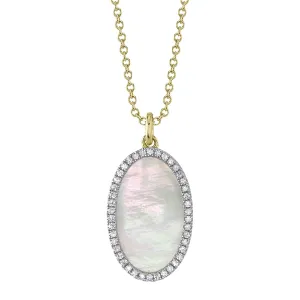 14K Yellow and White Gold Oval Mother of Pearl with Diamond Halo Pendant Necklace