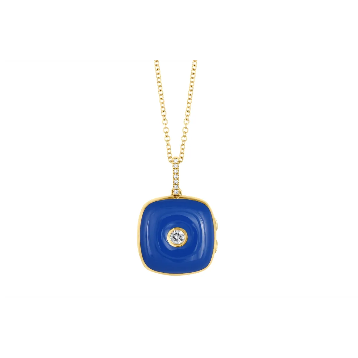 14K Yellow Gold and Blue Enamel Diamond Cushion Shaped Locket Necklace