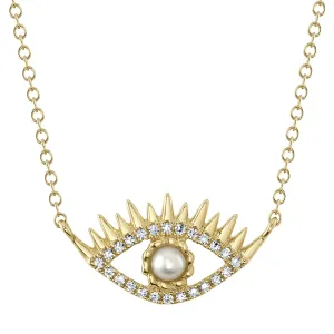 14K Yellow Gold Diamond and Cultured Pearl Eye Necklace