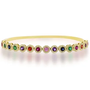 14K Yellow Gold Diamond Halo   Color Stone Hinged Bangle