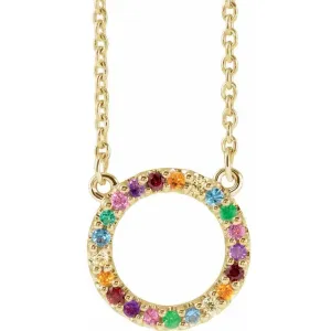 14K Yellow Gold Natural Multi-Gemstone Rainbow Circle 16" Necklace