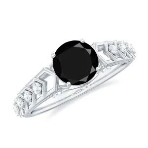 1.50 CT Art Deco Black Spinel Solitaire Ring with Diamond