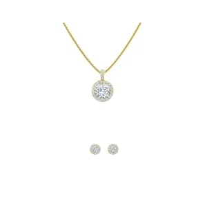 18K Yellow Gold 3ct Halo White Sapphire Round 18 Inch Necklace and Halo Earrings Set Plated