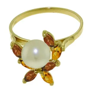 2.63 Carat 14K Solid Yellow Gold Ring Natural Garnet, Citrine Pearl