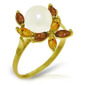 2.63 Carat 14K Solid Yellow Gold Ring Natural Garnet, Citrine Pearl