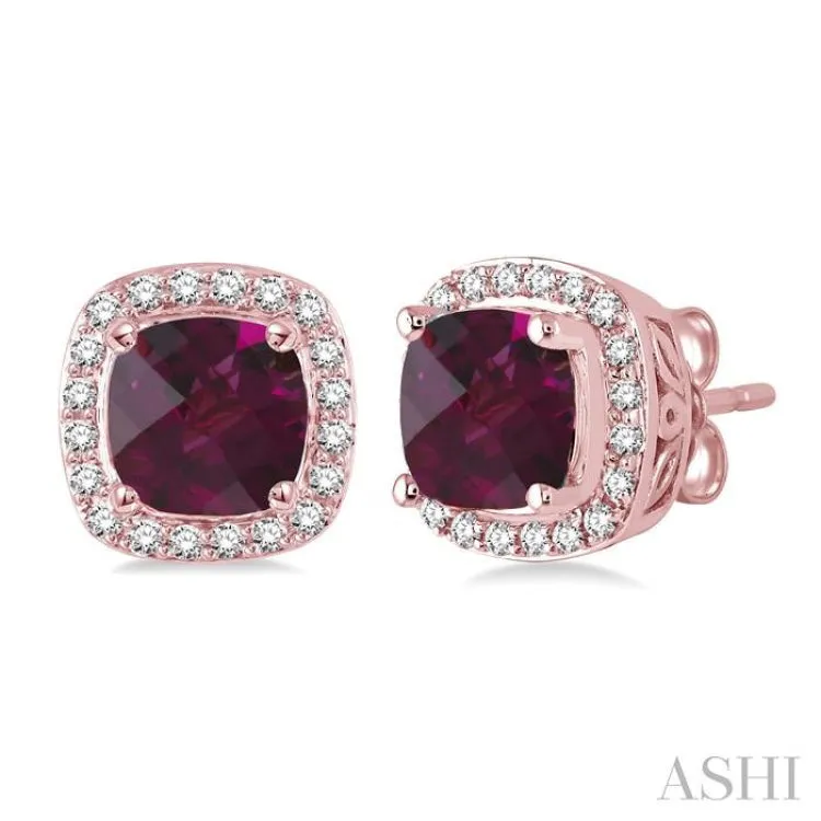 6x6 mm Cushion Cut Rhodolite Garnet and 1/4 Ctw Round Cut Diamond Earrings in 14K Rose Gold