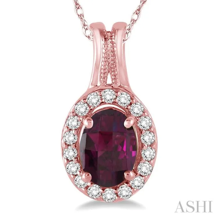 7x5 MM Oval Shape Rhodolite and 1/6 Ctw Round Cut Diamond Pendant in 14K Rose Gold with Chain