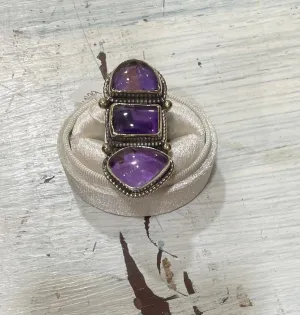 Amethyst Triple Tiered Shortie Silver Adjustable Ornate Ring