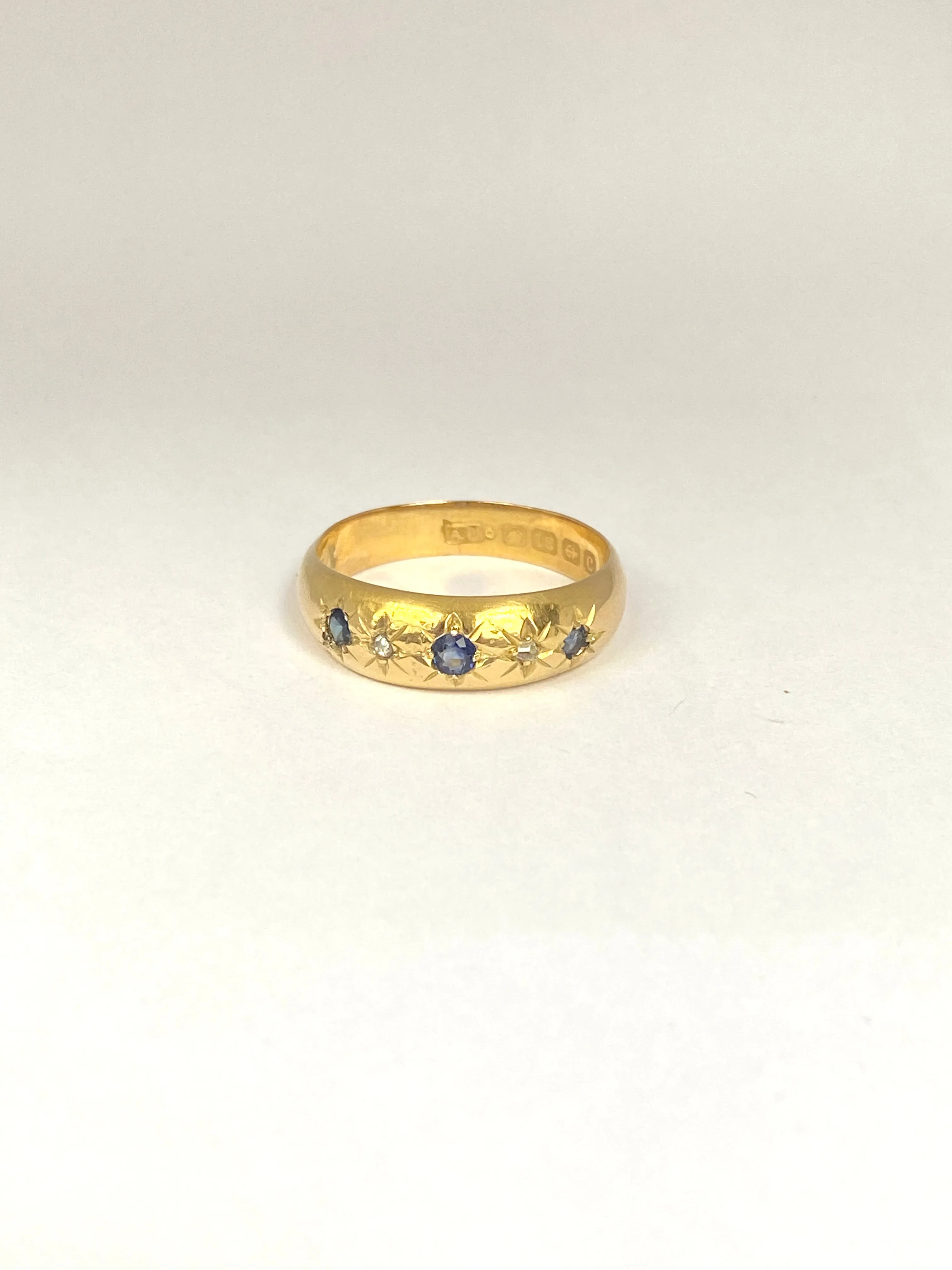 Antique Edwardian 18ct Gold Cornflower Sapphire and Diamond Gypsy Ring, Hallmarked Birmingham, 1902