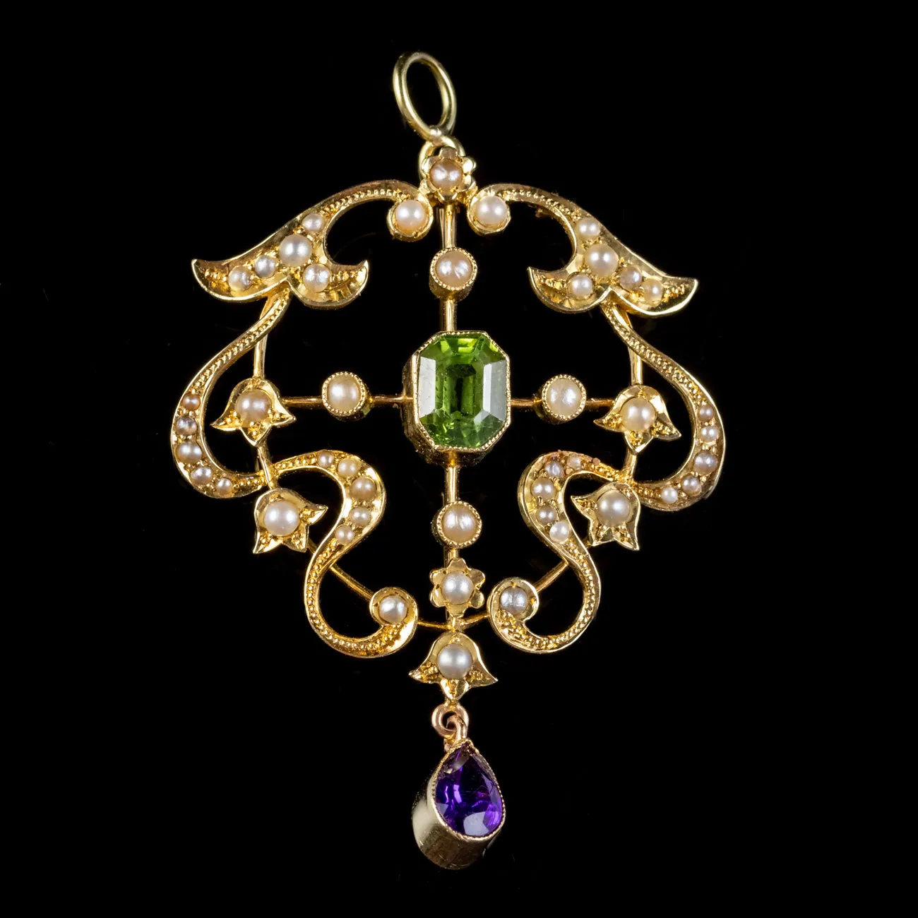 Antique Suffragette Art Nouveau Pendant 15ct Gold Peridot Amethyst Pearl Circa 1910