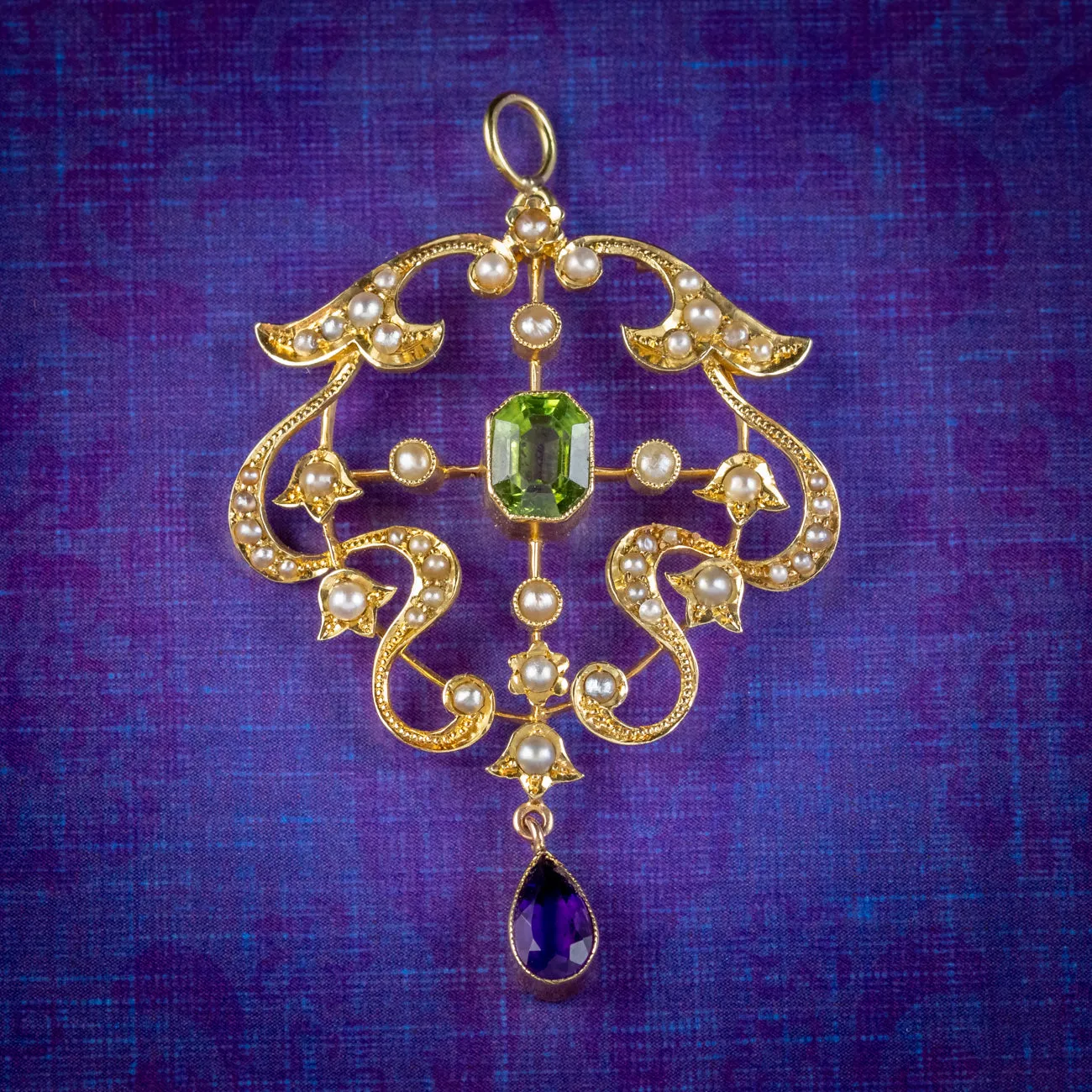 Antique Suffragette Art Nouveau Pendant 15ct Gold Peridot Amethyst Pearl Circa 1910