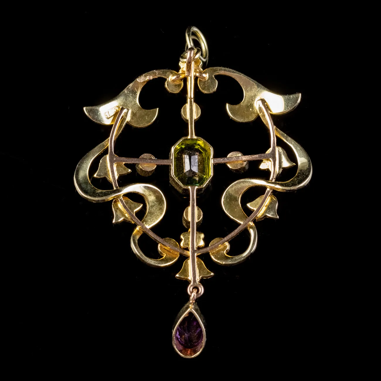 Antique Suffragette Art Nouveau Pendant 15ct Gold Peridot Amethyst Pearl Circa 1910