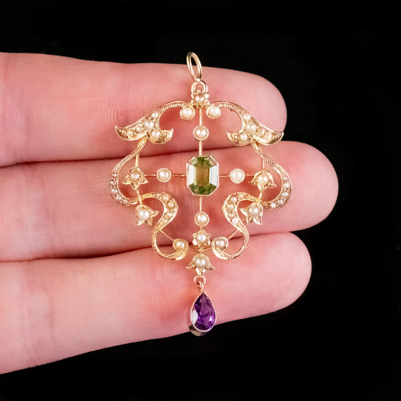 Antique Suffragette Art Nouveau Pendant 15ct Gold Peridot Amethyst Pearl Circa 1910