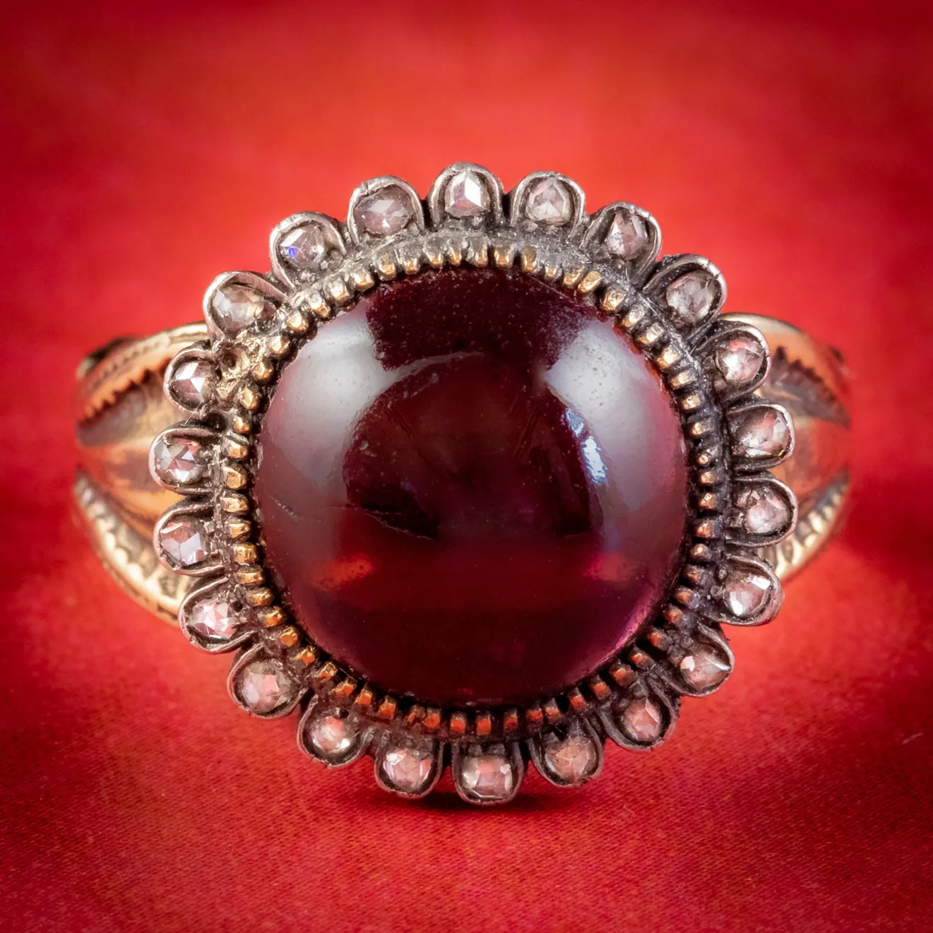 Antique Victorian 6ct Cabochon Garnet Diamond Ring Silver 15ct Gold Circa 1880