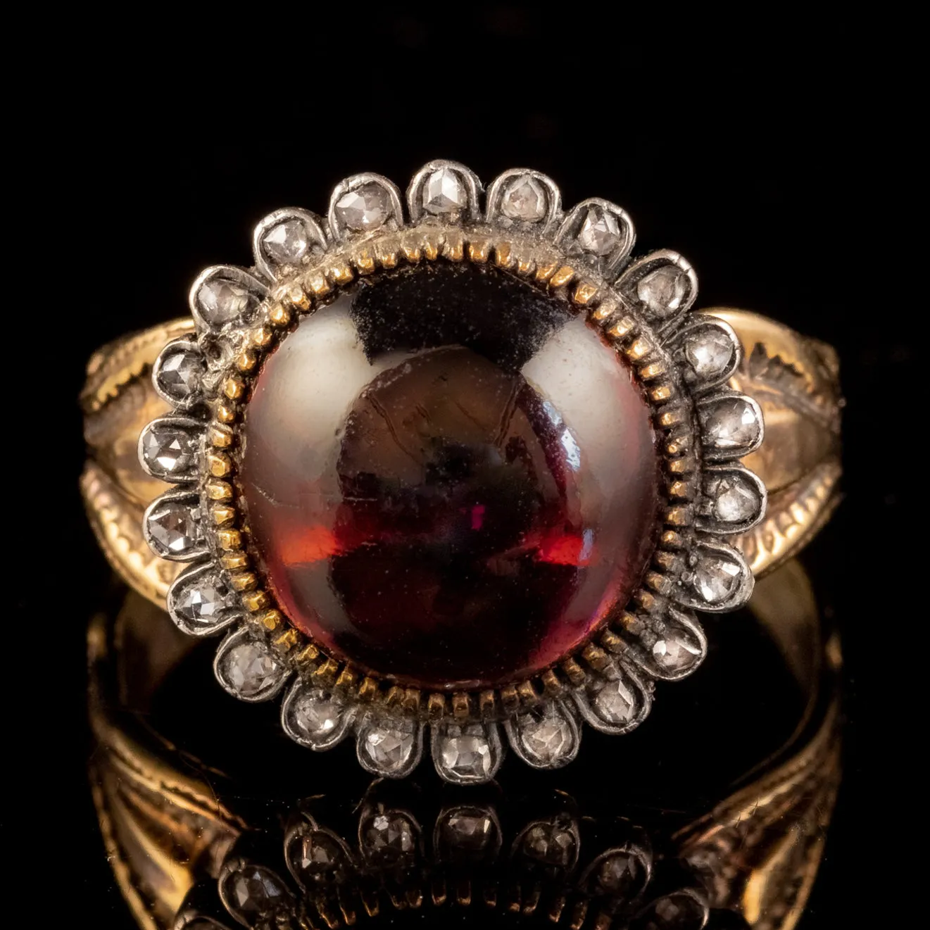 Antique Victorian 6ct Cabochon Garnet Diamond Ring Silver 15ct Gold Circa 1880