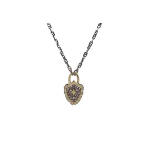 Armenta Old World Blackened Sterling Silver and 18K Yellow Gold Necklace with Small Shield Pendant with Champagne Diamonds and Blue-Green Tourmaline