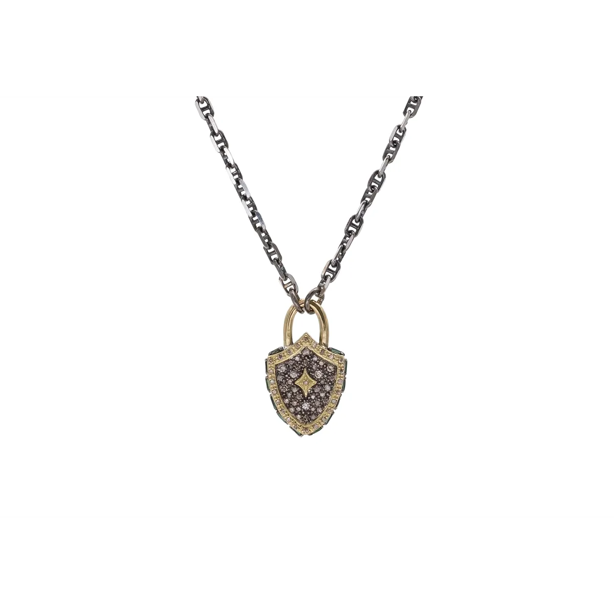 Armenta Old World Blackened Sterling Silver and 18K Yellow Gold Necklace with Small Shield Pendant with Champagne Diamonds and Blue-Green Tourmaline