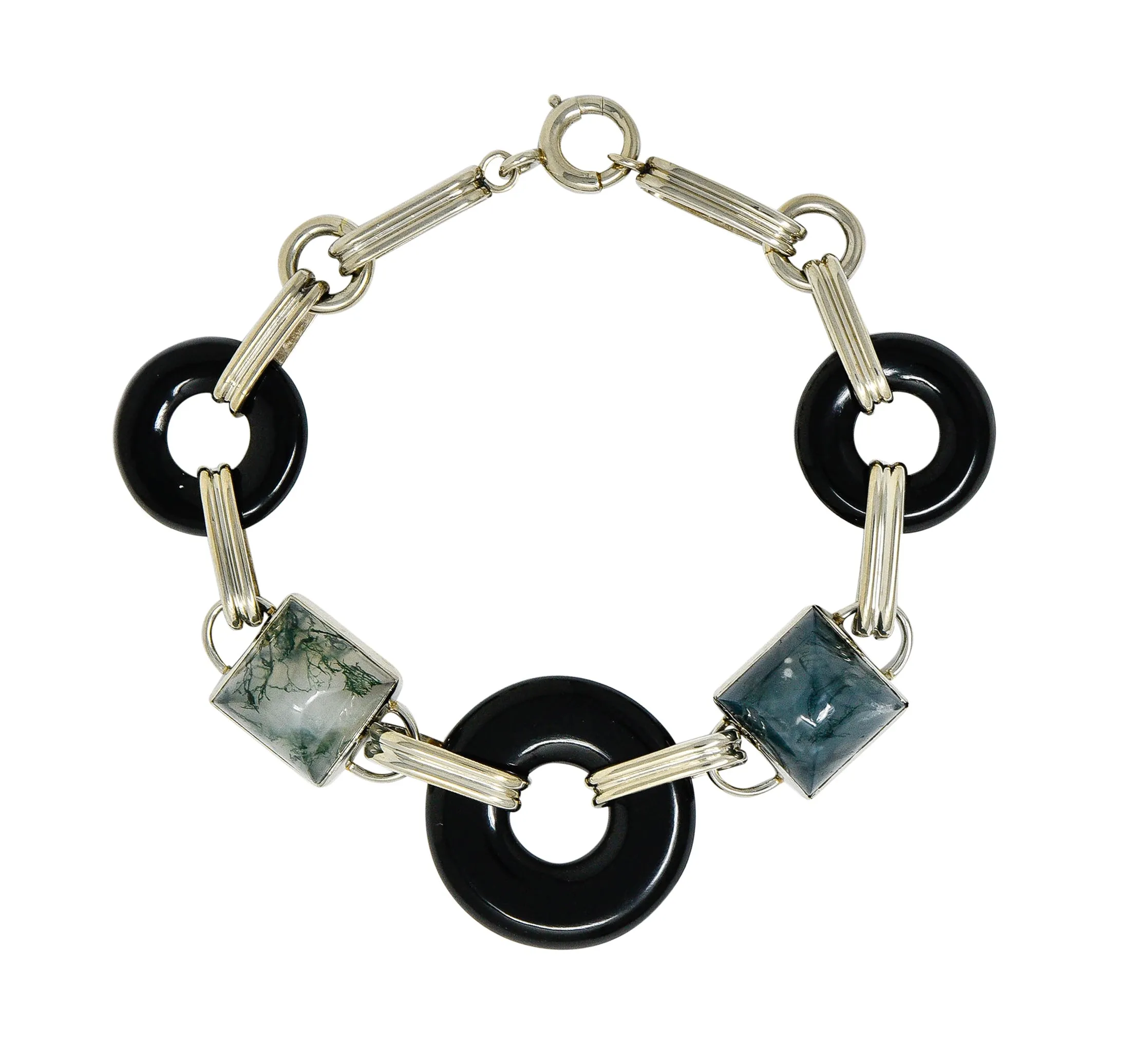 Art Deco Onyx Moss Agate 14 Karat Gold Link Bracelet Circa 1930