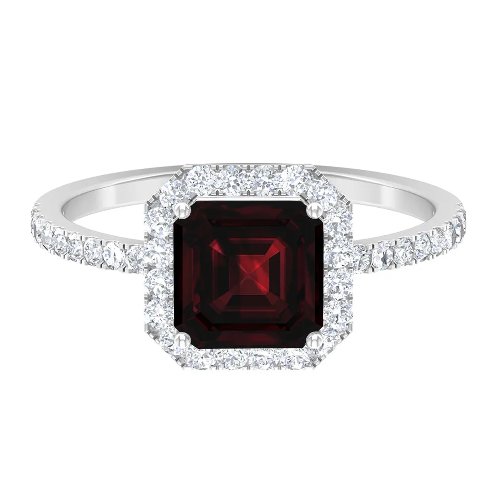 Asscher Cut Garnet Halo Engagement Ring with Diamond