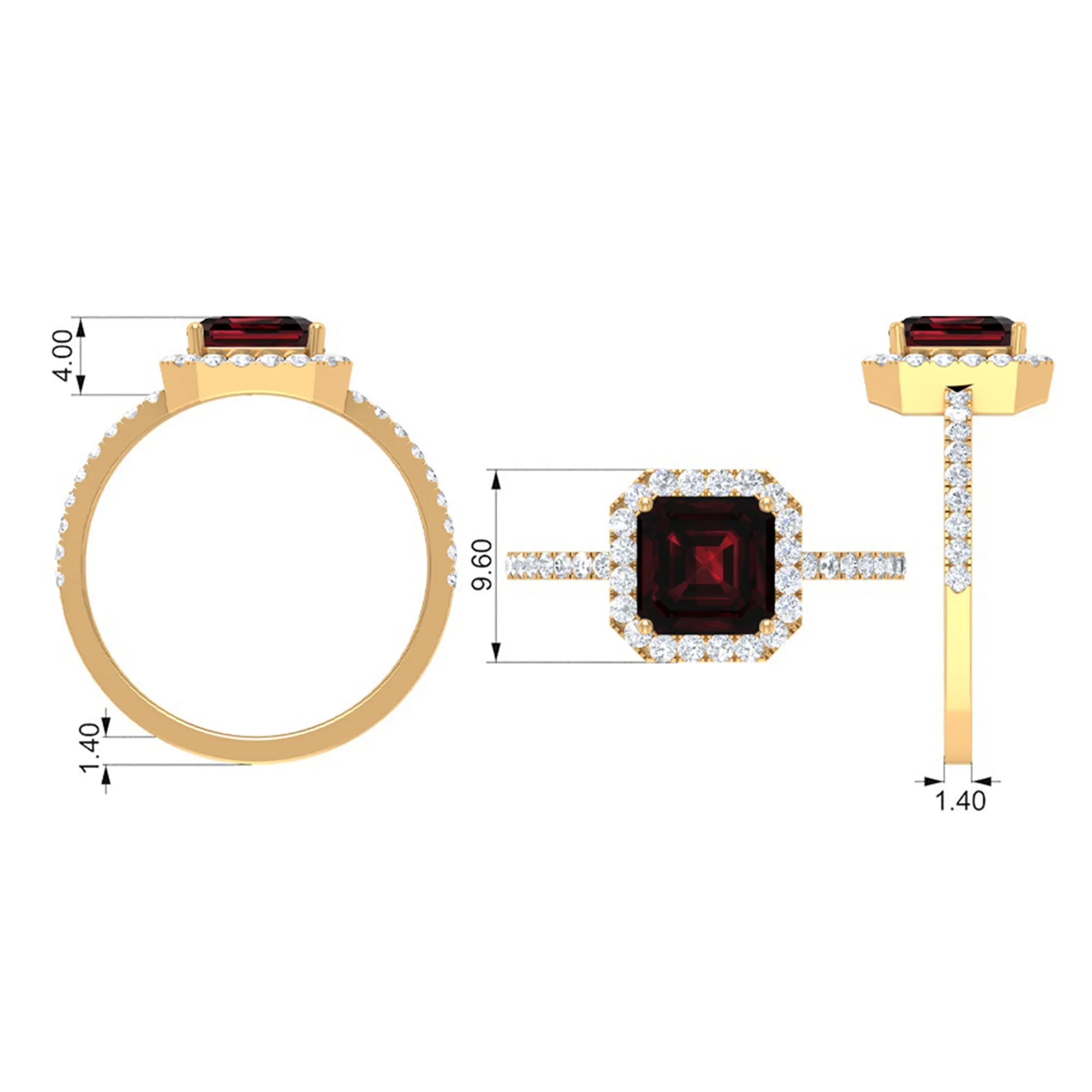 Asscher Cut Garnet Halo Engagement Ring with Diamond