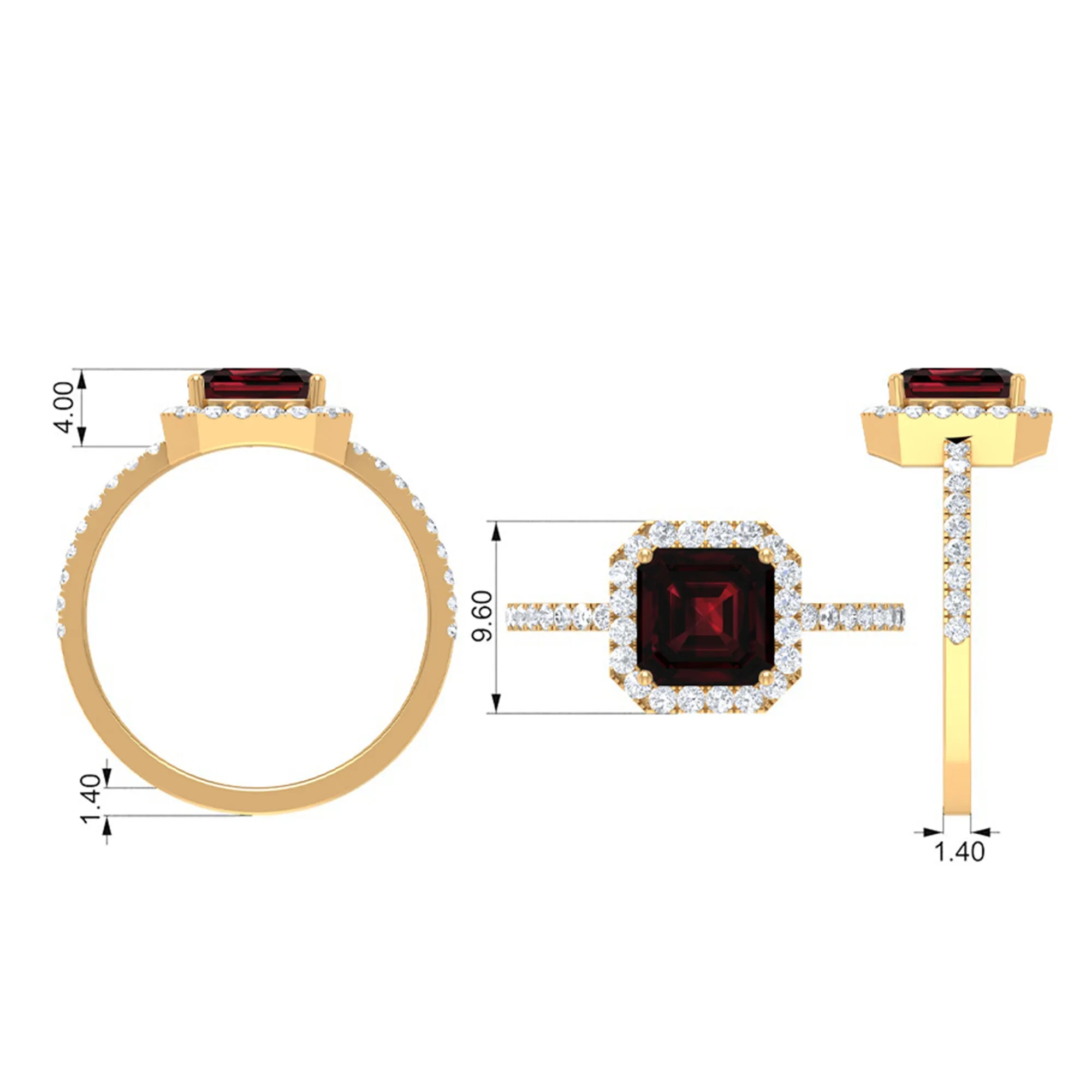 Asscher Cut Garnet Halo Engagement Ring with Diamond