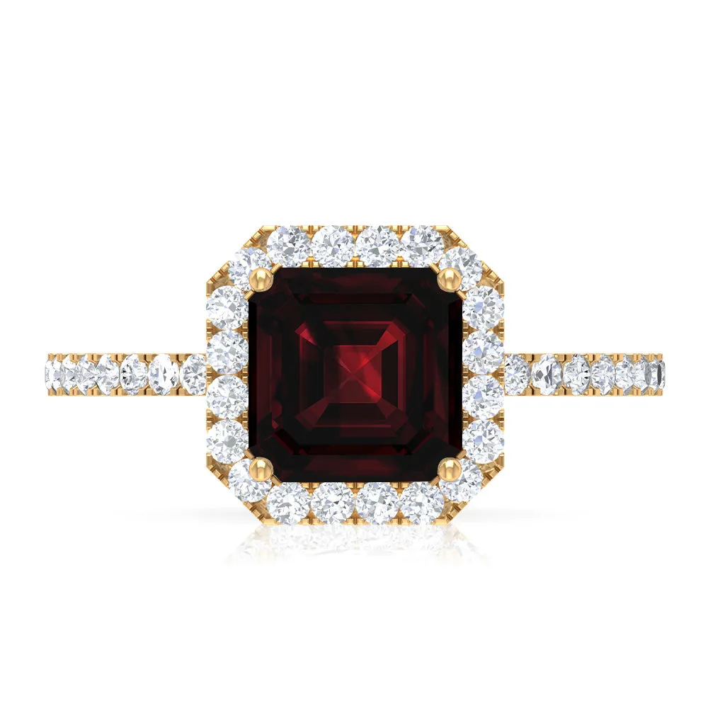 Asscher Cut Garnet Halo Engagement Ring with Diamond