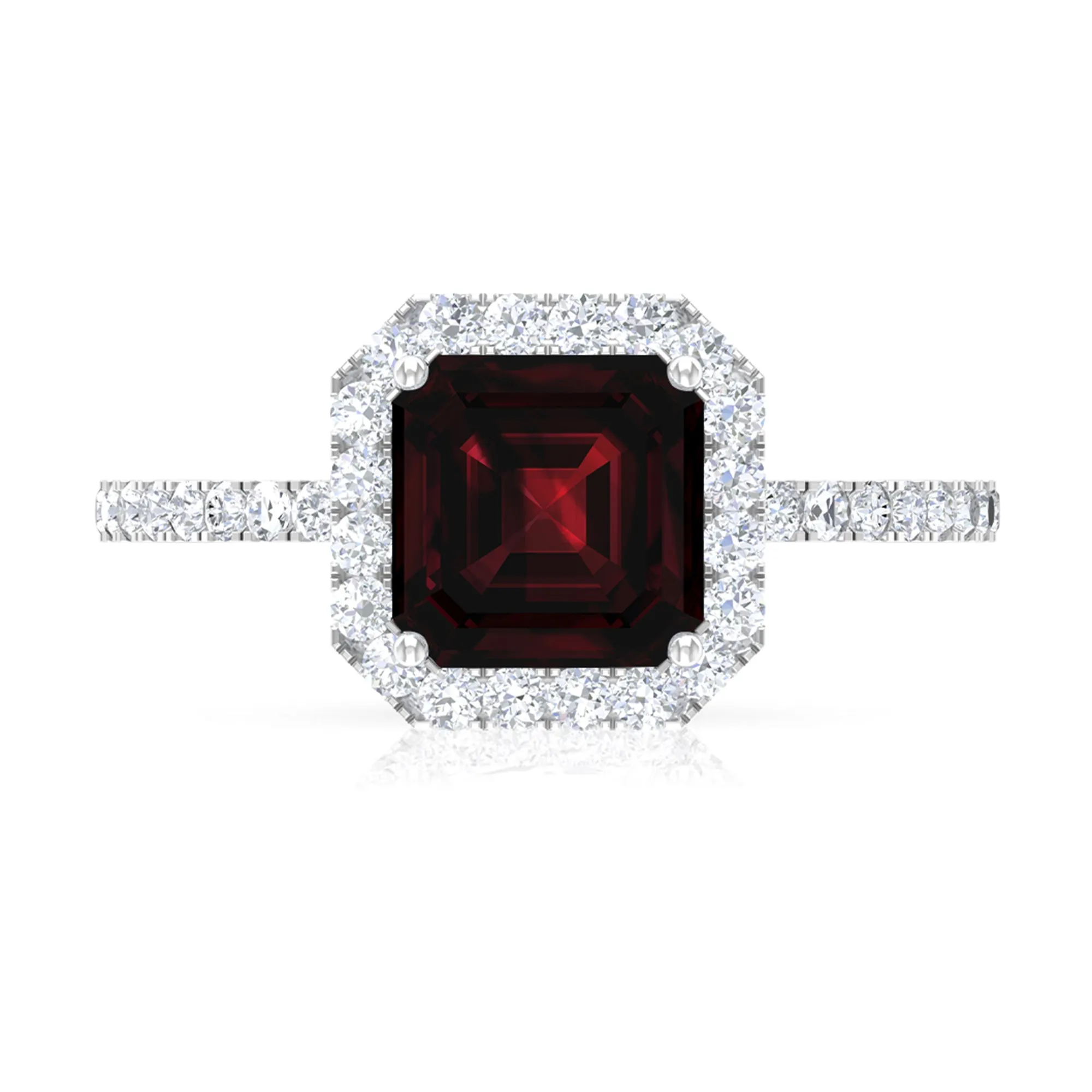 Asscher Cut Garnet Halo Engagement Ring with Diamond