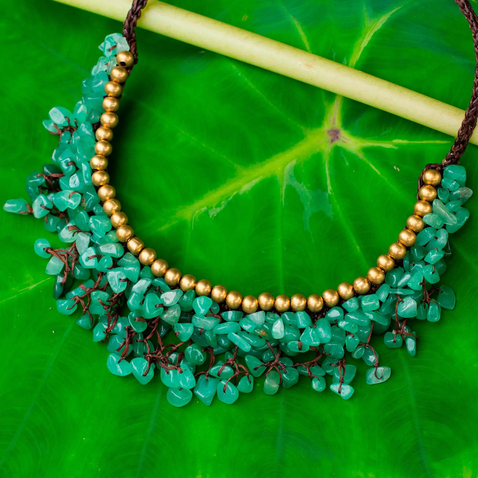 Beaded Cord Necklace with Green Aventurine and Brass - Garden Party | NOVICA