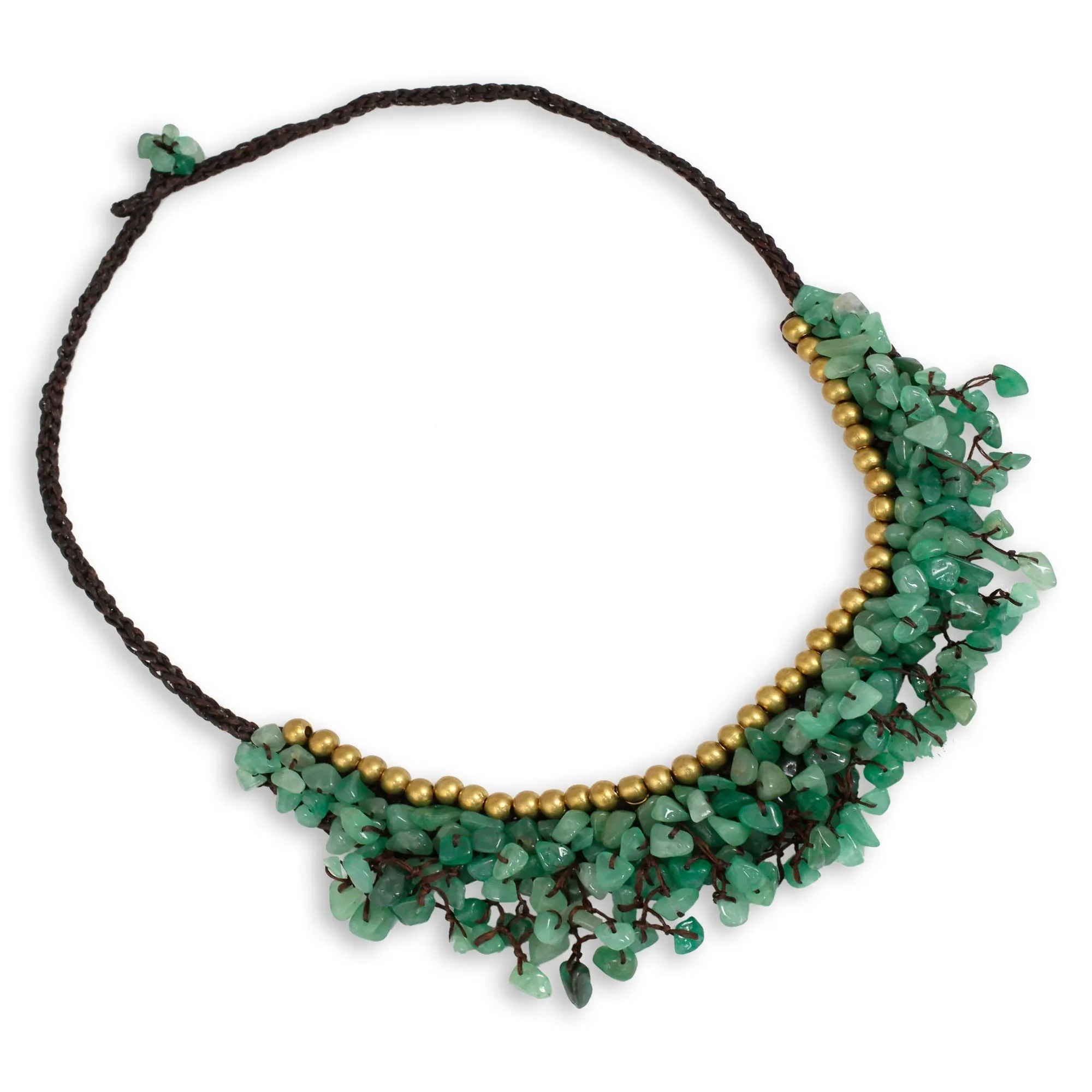 Beaded Cord Necklace with Green Aventurine and Brass - Garden Party | NOVICA