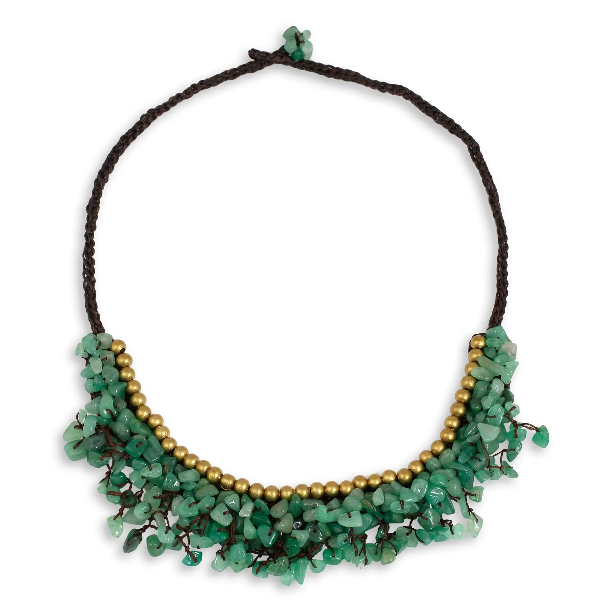 Beaded Cord Necklace with Green Aventurine and Brass - Garden Party | NOVICA