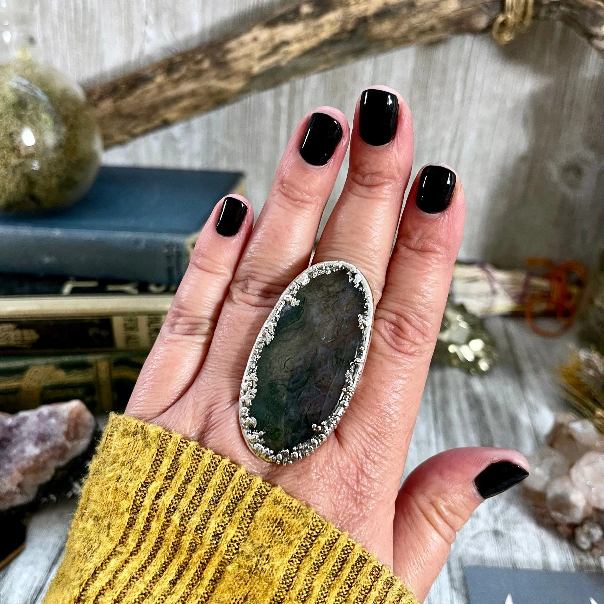 Big Size 8 Silver Natural Fancy Moss Agate Crystal Statement Ring / Foxlark Collection - One of a Kind