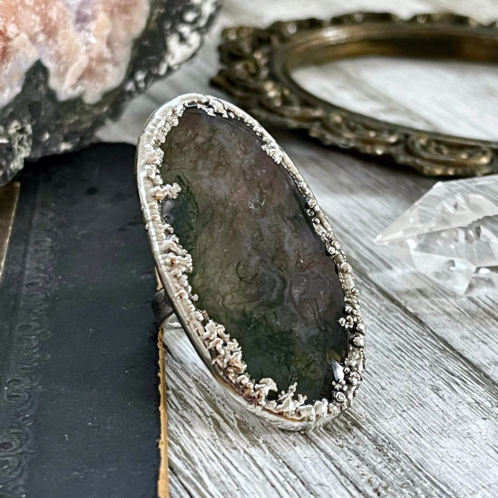 Big Size 8 Silver Natural Fancy Moss Agate Crystal Statement Ring / Foxlark Collection - One of a Kind