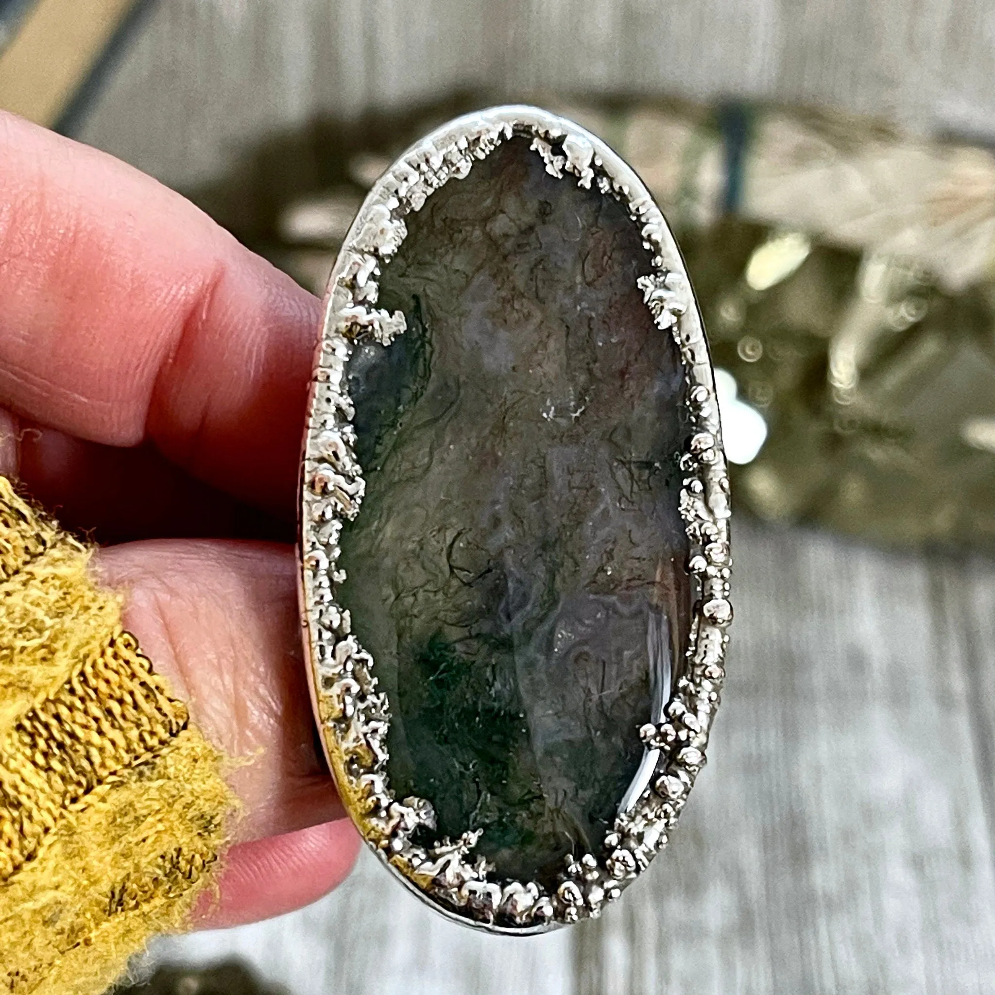 Big Size 8 Silver Natural Fancy Moss Agate Crystal Statement Ring / Foxlark Collection - One of a Kind