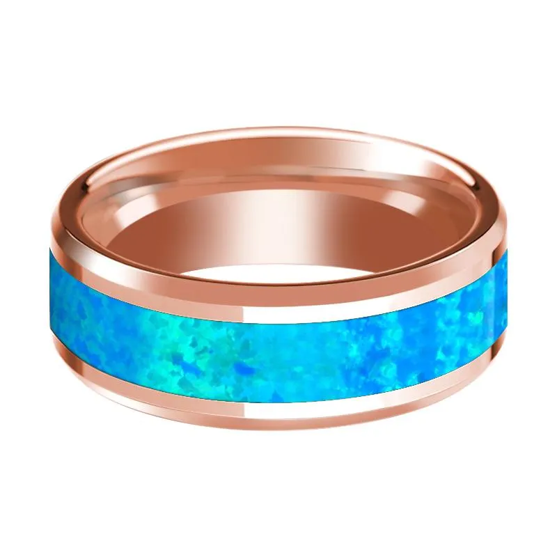 Blue Opal Inlaid Men's 14k Rose Gold Polished Wedding Band with Bevels - 8MM