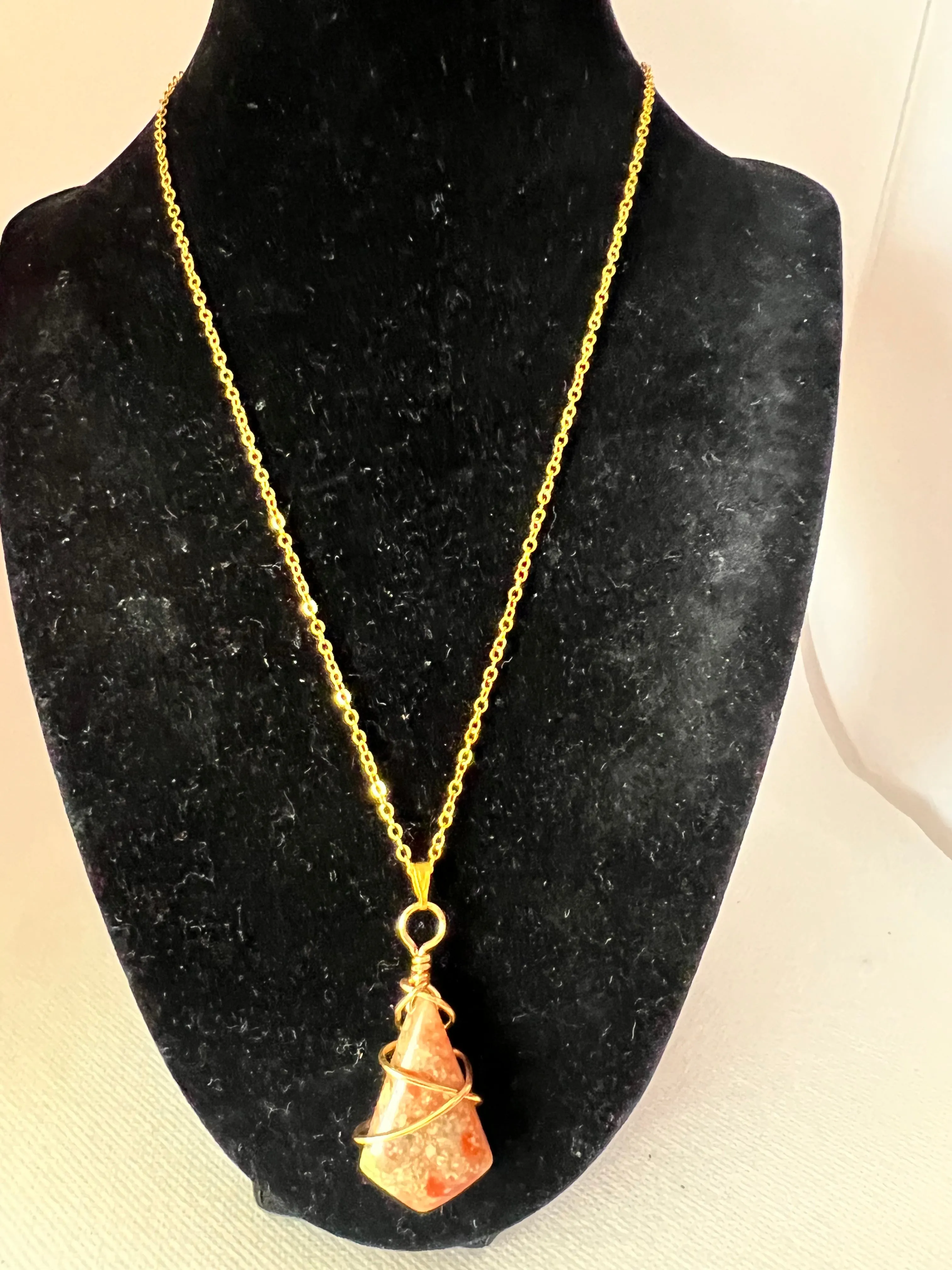 Carnelian Cream and Peach Gemstone Wrapped Pendant on Gold Chain