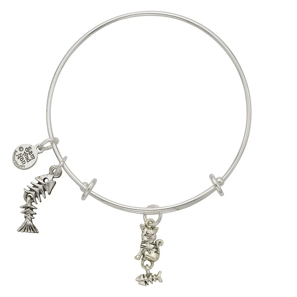 Cat Fish Skeleton Charm Bangle Bracelet