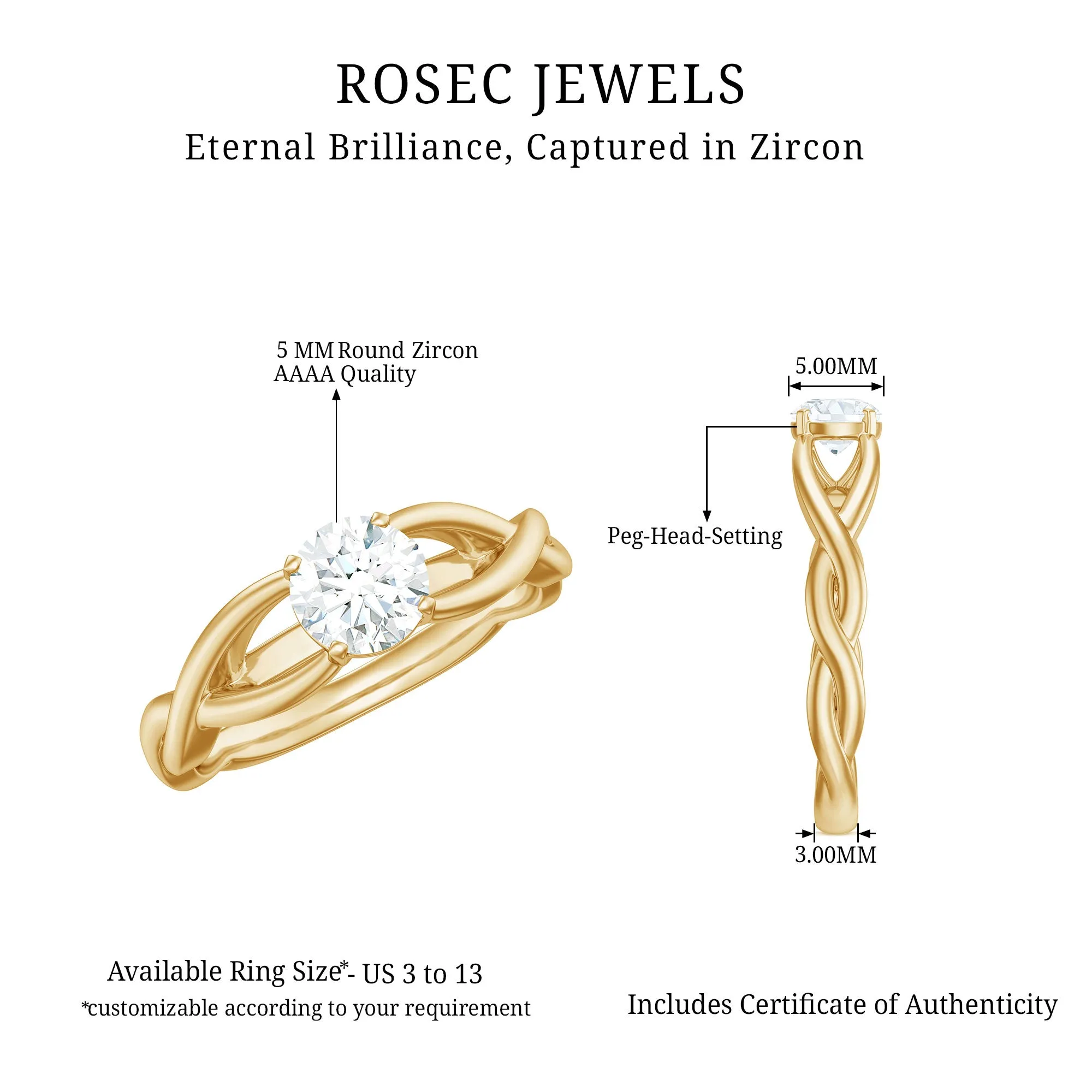 Certified Zircon Solitaire Ring with Crossover Shank