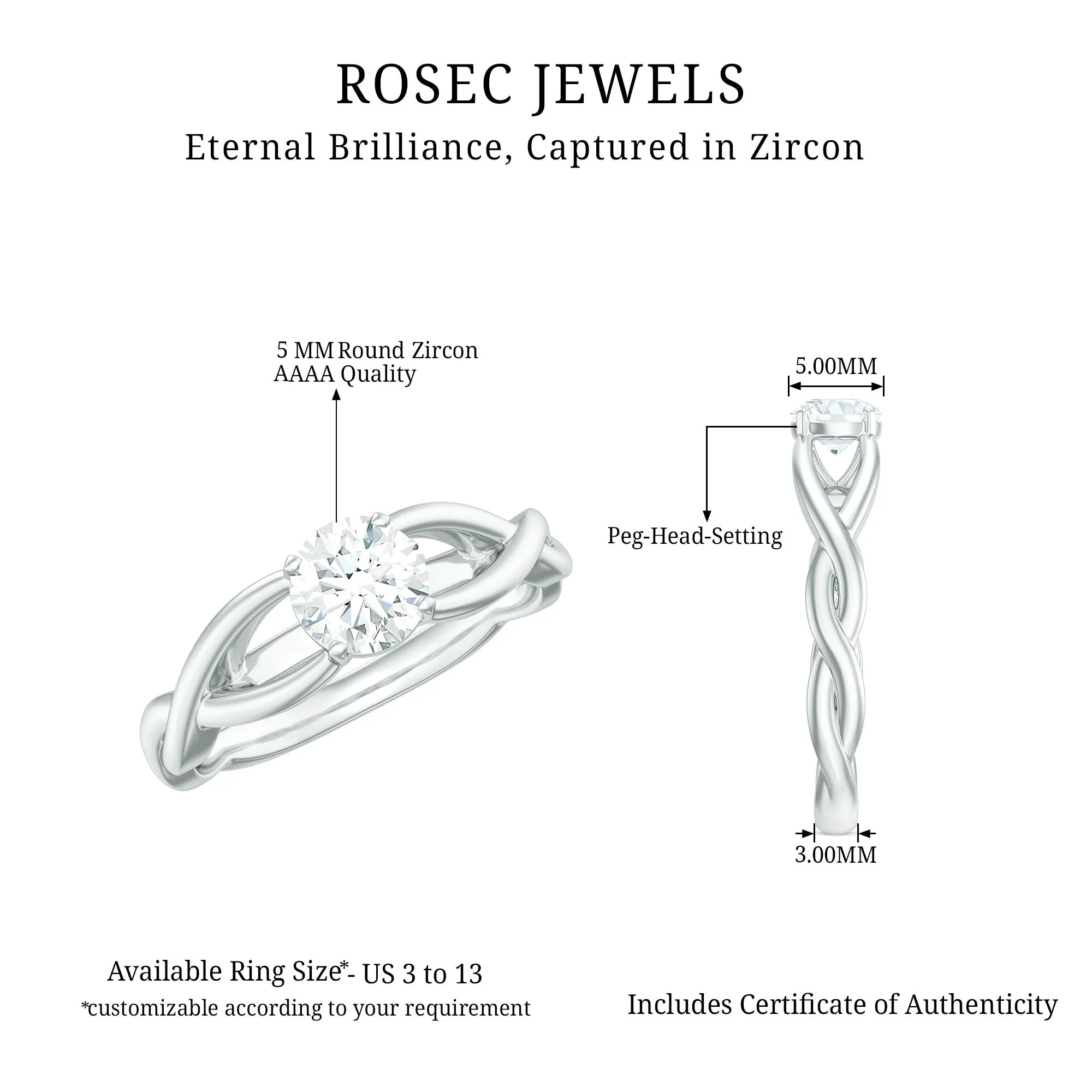 Certified Zircon Solitaire Ring with Crossover Shank