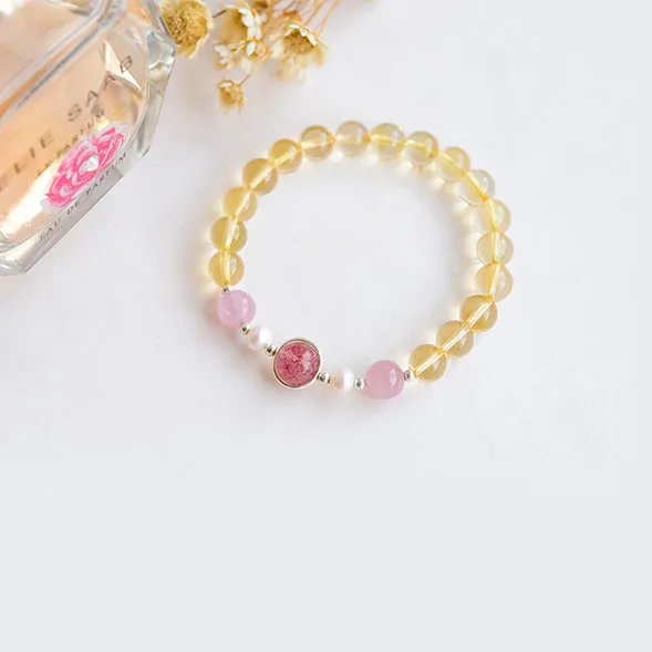 Citrine Strawberry Quartz Beaded Bracelet Handmade Jewelry Women